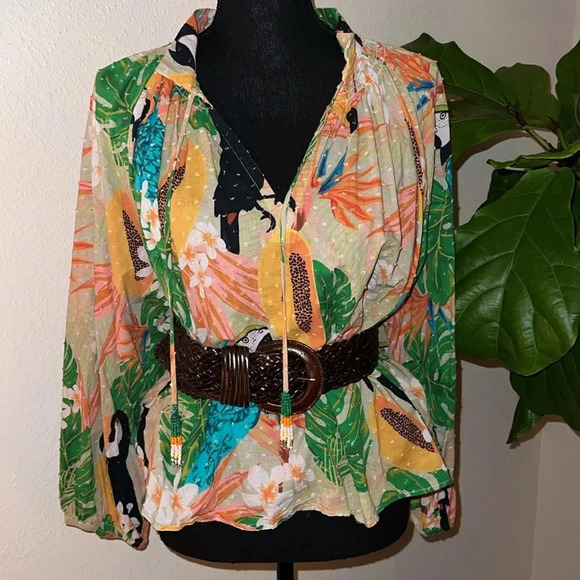 FARM Rio Women’s Tropic Parrot Bohemian V-Neck Beaded Tie Blouse Top Medium - Picture 1 of 16